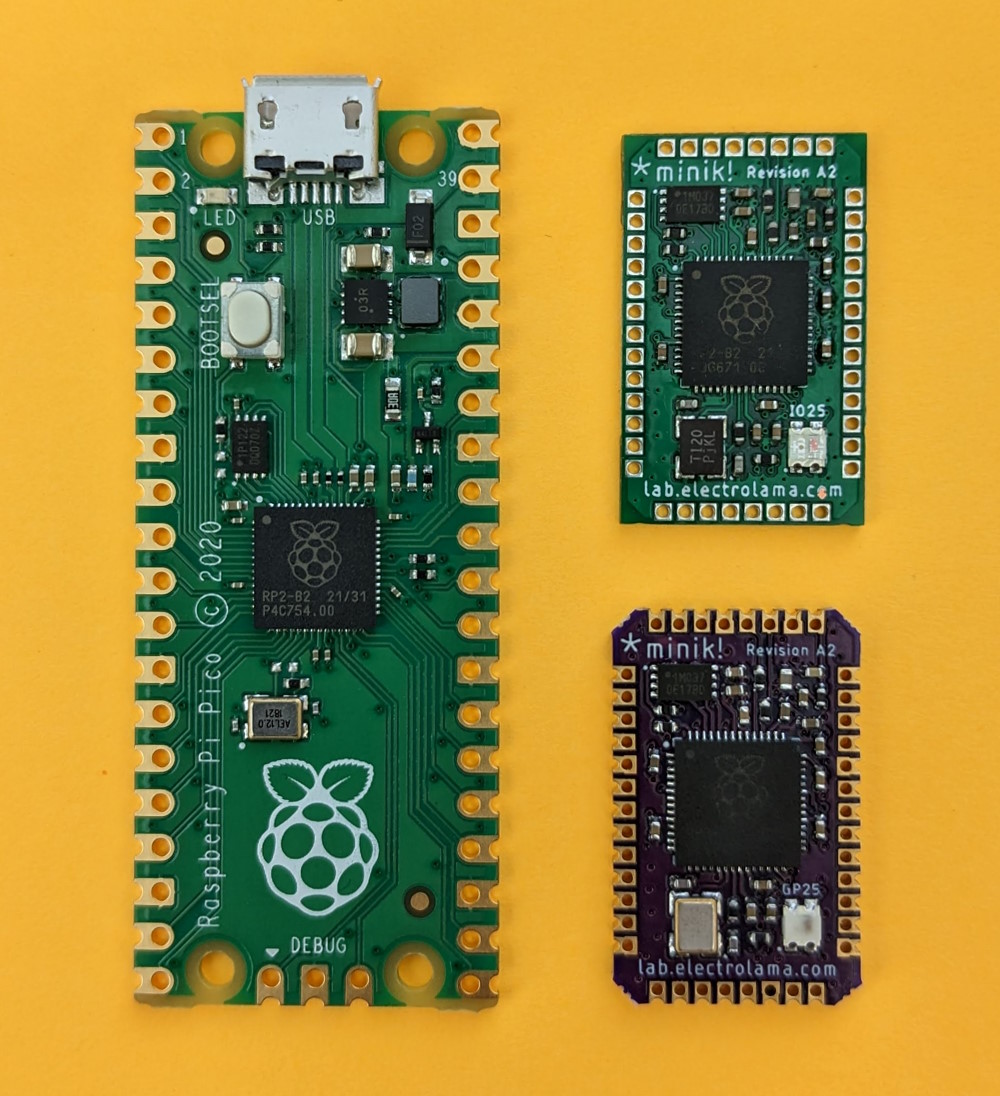 minik modules next to a Raspberry Pi Pico board